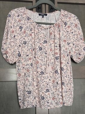 Angels Forever Young Floral Peasant Blouse Medium Pink Blue 100% Rayon Boho